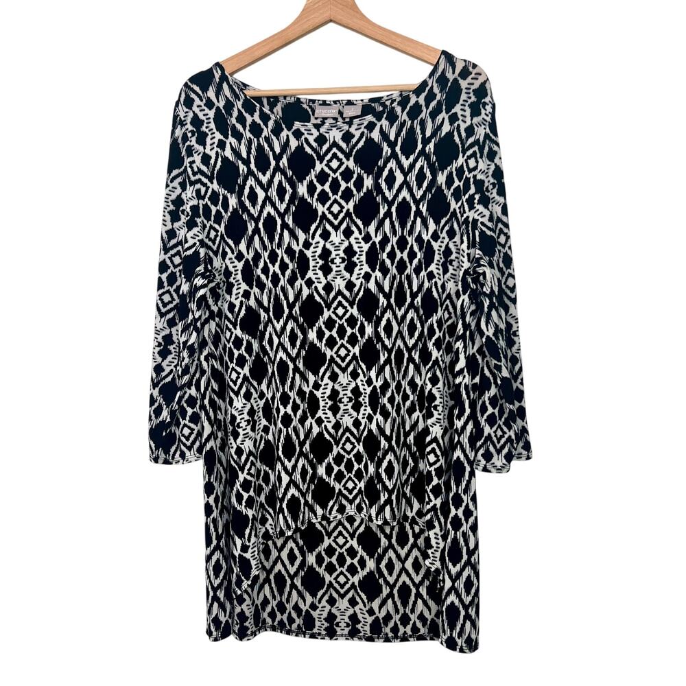 Chico's Travelers Black and White Print Hi Low Tunic Top Size 2 (US 12/14)